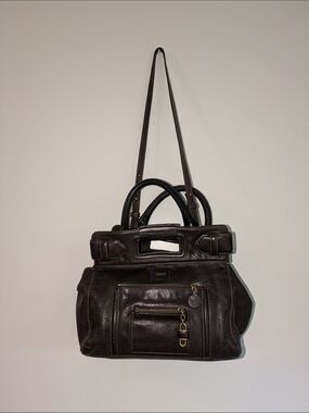 Chloe Dark Brown Leather Shoulder Bag with Front Zip and Charm